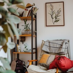 Cozy Home Corner with Bookshelf, Comfortable Armchair, and Warm Throw Blanket.