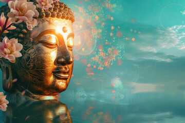 golden buddha face with glowing lotuses and and branch of blossom flowers on blue sky