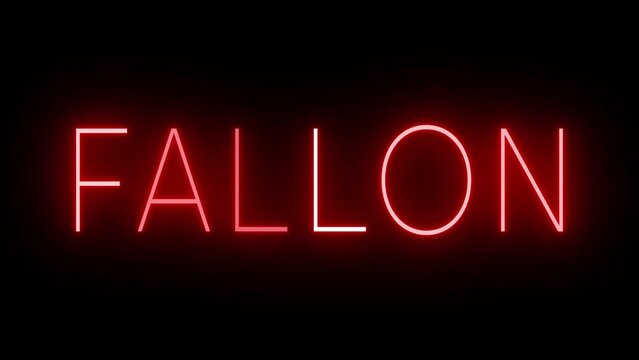 Flickering red retro style neon sign glowing against a black background for FALLON