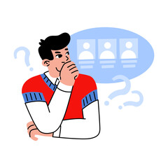 A man is thinking about which candidate to choose. Political voting. Selecting an employee to work in the company. Reviewing job applicants. Vector illustration.