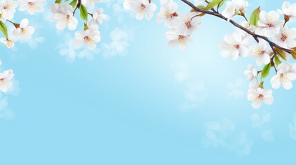 Spring banner with branches of blossoming cherry background with blue sky, landscape panorama, copy space.