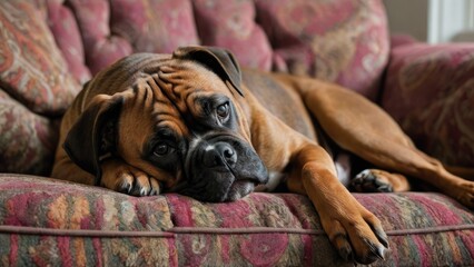 Brindle boxer lying on sofa in living room