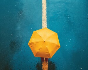 Serenity in Rain: Lone Person with Yellow Umbrella on a Wet Blue Surface with White Line
