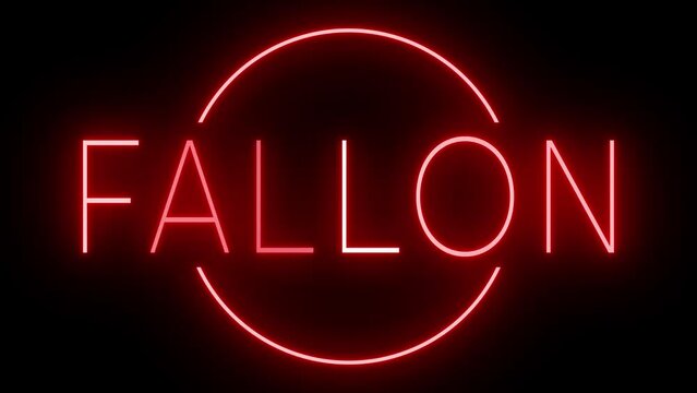 Flickering red retro style neon sign glowing against a black background for FALLON