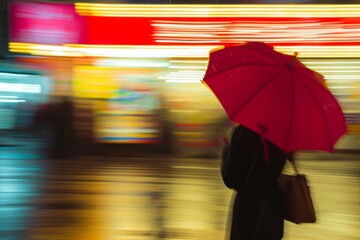 Red umbrella in motion blur on a vibrant city street at night