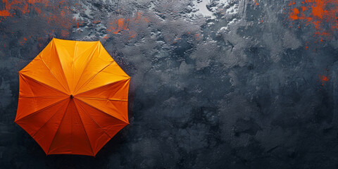 Striking solitary orange umbrella on a wet concrete surface, offering a vibrant splash of color against a monochromatic urban setting - obrazy, fototapety, plakaty