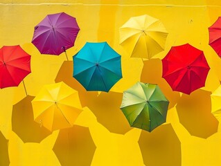 Colorful umbrellas against a vibrant yellow wall, creating a playful and cheerful pattern