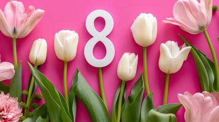 White number 8 surrounded by pink and white tulips on a pink background, commonly used to represent International Women's Day.