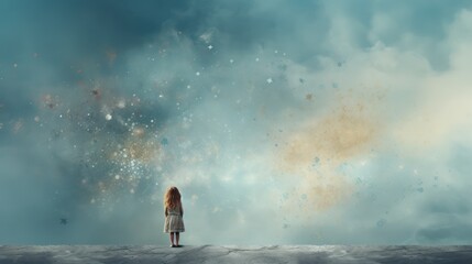 young girl searching for life change or perusing a dream concept as wide banner with copy space area