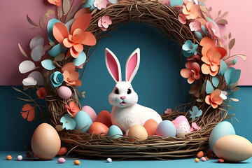 Paper cut concept background with Easter bunny ears and brilliant eggs in a nest for a pleasant Easter.