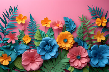 Fototapeta na wymiar top_view_of_colorful_paper_cut_flowers_with_green_leaves2