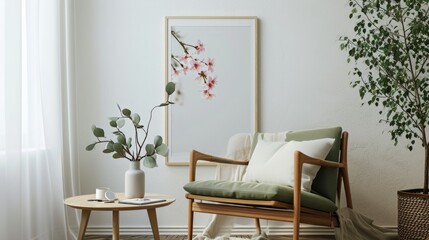 Modern interior with a framed sakura print creating a peaceful ambiance