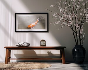 Zen-inspired interior showcasing a koi fish canvas, blending natural motifs with modern decor