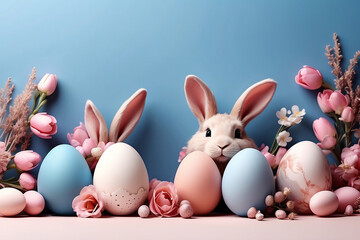 Naklejka na ściany i meble Conceptual illustration of a vibrant Easter celebration including a charming rabbit and an abundance of eggs set against a pastel backdrop