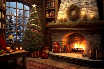 3d rendering of a living room with a Christmas tree and fireplace