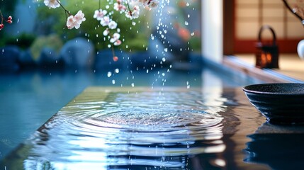 Tranquil water surface with cherry blossoms and a serene garden backdrop, ideal for peaceful spa and wellness setting