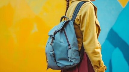 Fashionable individual with a blue backpack on a colorful, abstract background