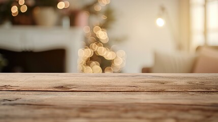 Warmly lit empty wooden table with a blurred home background for product display or mockup