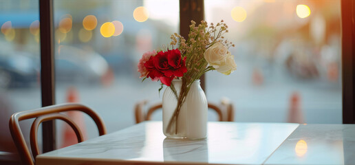 Charming Roses with Soft Bokeh Lights in Cozy Cafe Setting at Dusk