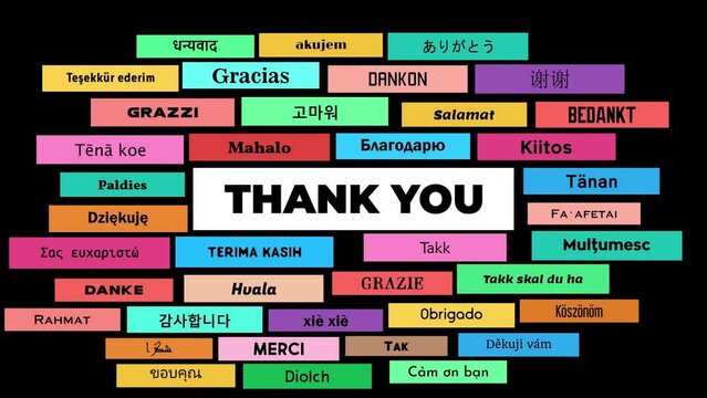 Animation of Thank You text with different languages. 4k resolution video footage