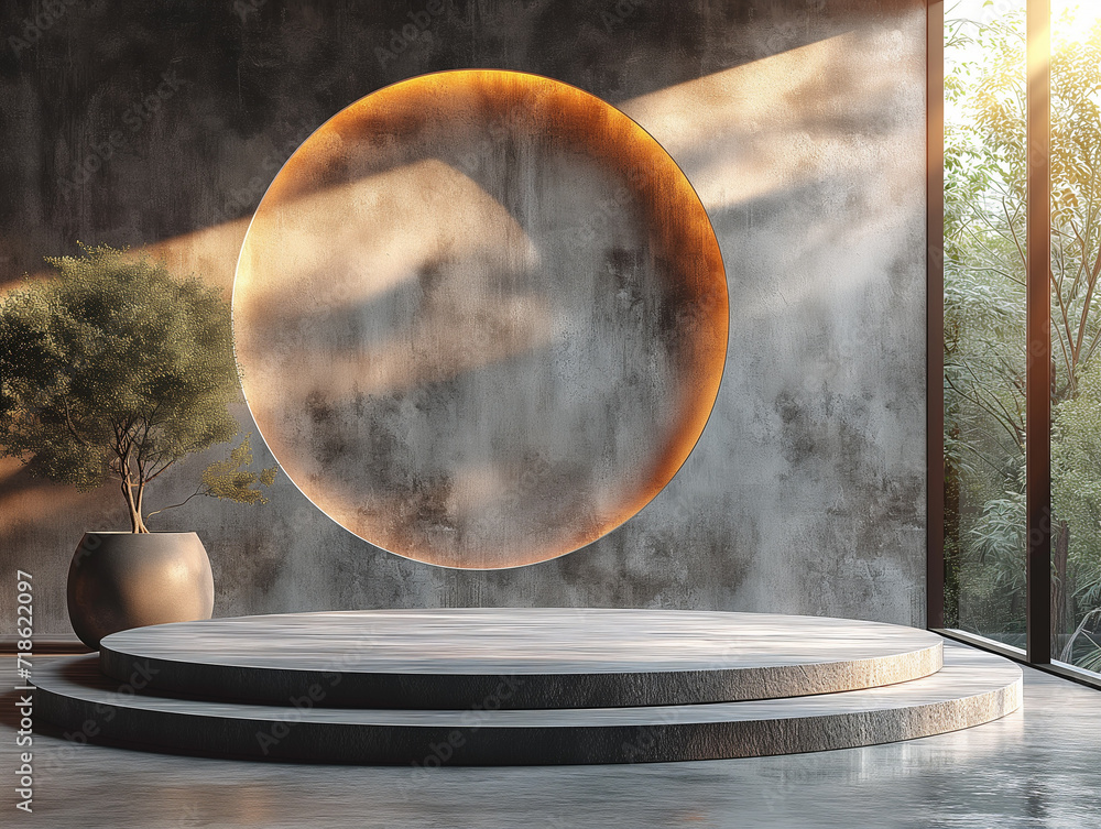Poster 3d empty product display podium designed for presentations. elegant exhibition space featuring a cir