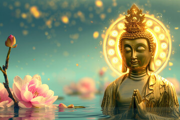 olden buddha with glowing lotuses and and branch of blossom flowers on blue sky