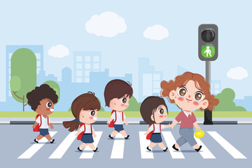 Cute cartoon children crossing the crosswalk by green color traffic light.