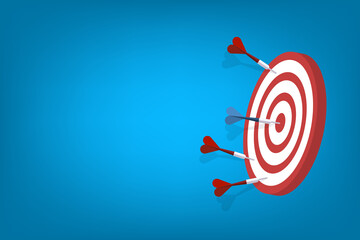 Red darts missed hitting target and only blue one hits the center. Business challenge failure and success concept.	