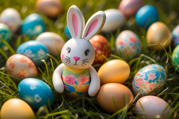Fototapeta na wymiar Cute easter bunny with eggs on grass, generative AI