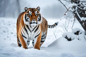 Fototapeta na wymiar siberian tiger standing in white winter