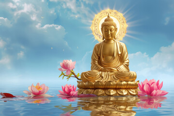 olden buddha with glowing lotuses and and branch of blossom flowers on blue sky
