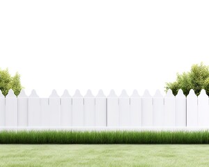 A white fence with lush green grass and a white background. generative AI