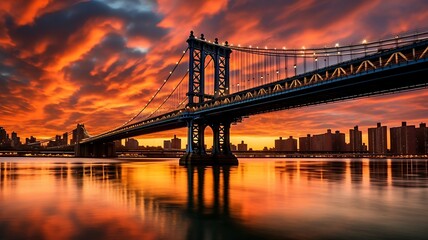 Manhattan Bridge over East River at sunset, New York City, USA