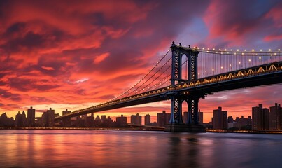 Naklejka premium Manhattan Bridge over East River at sunset, New York City, USA