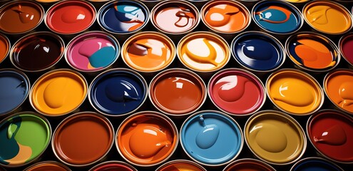 Row of paint cans of various colors on black Background. generative AI