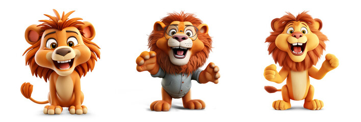 3D happy funny lion character on white backdrop