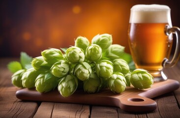 Beer and hop background. Green hops and a glass of beer