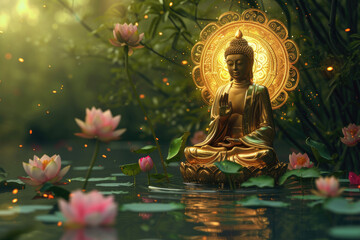 golden buddha with glowing lotuses and colorful flowers, glowing halo