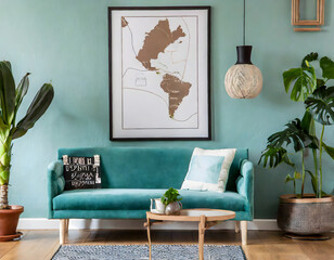 Stylish scandinavian living room interior with design mint sofa, furnitures, mock up poster. Generative AI.