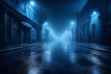 Blue dark background of empty foggy street with wet asphalt. Light at night