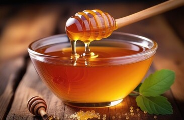 Honey with wooden honey dipper on wooden table.