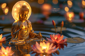 golden buddha with glowing lotuses and colorful flowers, glowing halo