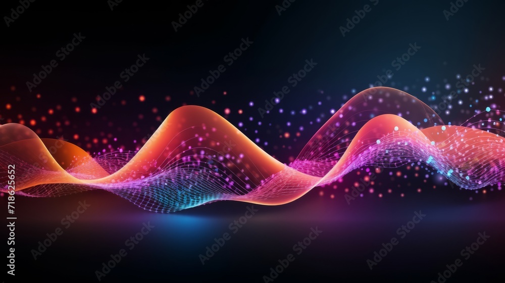 Poster vibrant digital wave: abstract colorful flowing dots and curved lines - futuristic technology concep