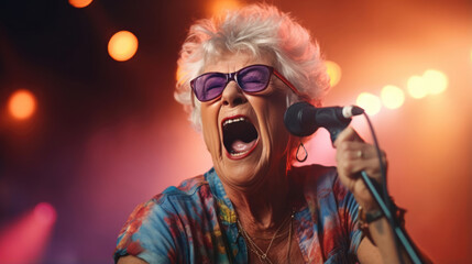 Grandma lead singer roaring,  a voice that defies time - obrazy, fototapety, plakaty