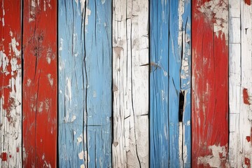 Texture of vintage wood boards with cracked paint of white, red, yellow and blue color