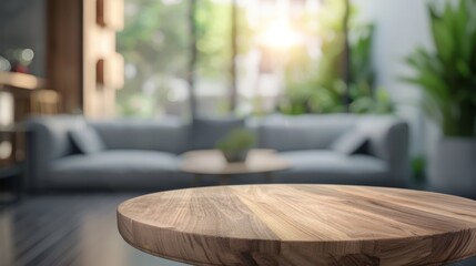 Wooden Table Top And Blur Background In The Living Room