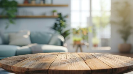 Empty wooden table and blurred background of living room. Mock up for design - obrazy, fototapety, plakaty