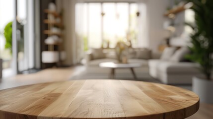 Empty wooden table and blurred interior background, product display montage.