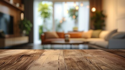 Empty wooden table and blurred background of modern living room interior. For product display
