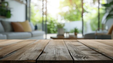 Wooden table top on blur living room background - can be used for display or montage your products